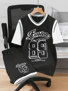 2pcs/Set Teenage Boys' Summer Casual Breathable Sports Short Sleeve T-Shirt And Printed Loose Shorts Outfit - Black - View 1