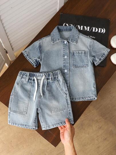 Young Boys' Denim Two Pieces Outfit, Medium Blue Denim, Collegiate Style, Streetwear, Versatile Fashion Piece, Comfortable Cotton, Suitable For Daily Wear, School, Commute, Gatherings, Travel, Back To School Season, New Arrival