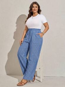 Zelara Plus Size Women's Valentine Striped Print Summer High Waist Loose Casual Pants With Pockets, Suitable For Fall And Autumn - Multicolor - View 13