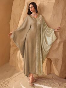 Al Najma 中东风格优雅蝙蝠袖拼接提花迪拜土耳其长袍，修身显瘦 - 卡其色 - 查看 6