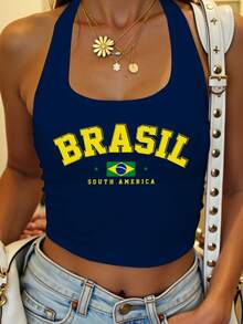 SHEIN EZwear Women's Casual Tight-Fitting Halter Neck Tank Top, English Letter Print Pattern, Suitable For Summer - Multicolor - View 6