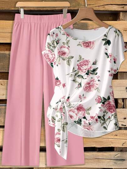 SHEIN Clasi Conjunto de 2 piezas con estampado floral talla grande, adecuado para atuendo de vacaciones
