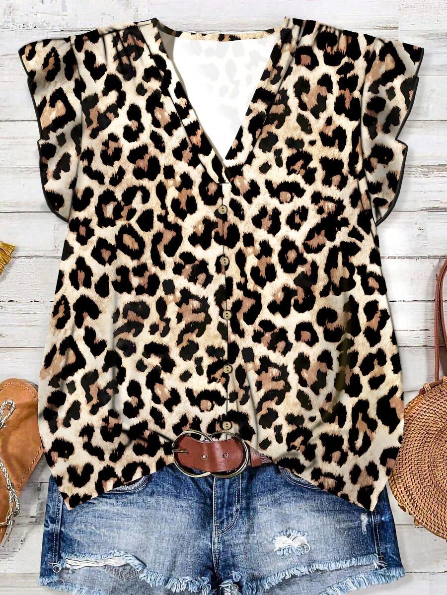 SHEIN LUNE Women's V-Neck Leopard Print Casual Shirt, Suitable For Summer - Multicolor - View 1