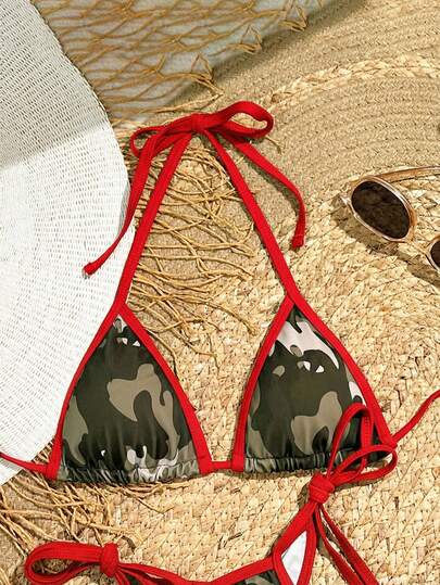 Swim Vcay Women's Contrast Trim Triangle Camouflage Halter Bikini Top Camo Bikini Set Camo Bathing Suit String Bikini Sets Camouflage Bikini Red Trim Bikini