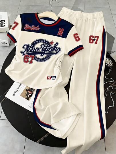 少女撞色字母印花圆领短袖T恤和松紧腰裤套装