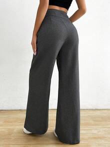 Chiquease 女士不对称腰线纯色休闲宽松裤，适合日常穿着 - 深灰色 - 查看 2