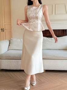 DAZY Women's Elegant Foil Print Round Neck Top And Skirt 2 Pieces Set, Summer - Beige - View 4