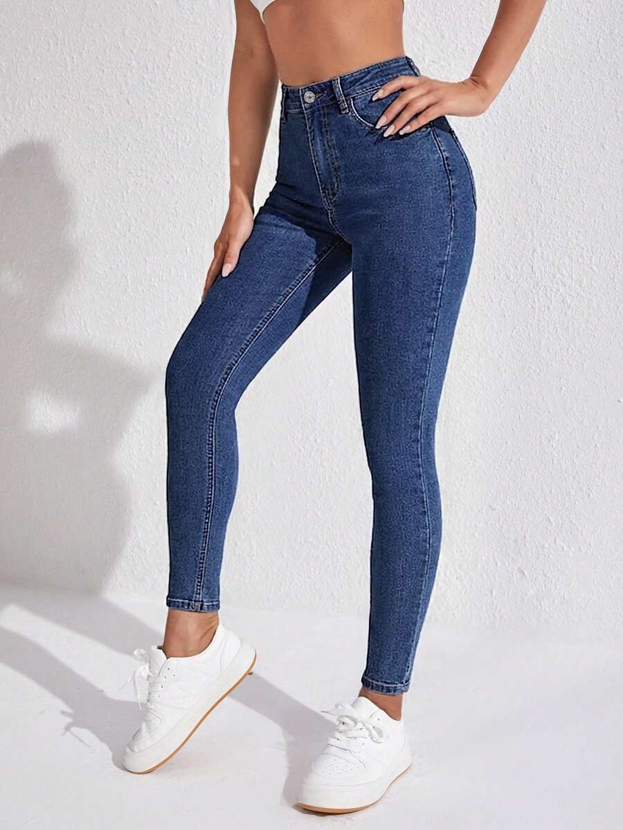 SHEIN SXY Quần jeans nữ dáng ôm cạp cao, đa năng và phù hợp cho việc đi lại hàng ngày. - Rửa trung bình - Xem 1