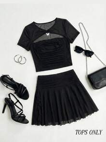 SHEIN MOD 加大码女士黑色透视网纱拼接褶皱T恤，蝴蝶装饰，短袖圆领修身款，适合春季派对 - 黑色 - 查看 5