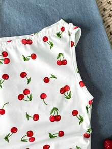 Teen Girl Casual Ruffle Shoulder Cherry Print Versatile Daily T-Shirt Girls Cherry Shirt Cherry Print Top Cute Summer Crop Top Fruity Print Shirt Aesthetic Girls Top - White - View 4