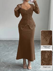 Modelyn Square Neck Lace Patchwork Button Waist Fitted Plus Size Dress For Women Fall - Brown - View 5
