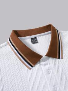 Manfinity Homme 男士紋理素色珠地針織 Polo 衫，學院風圖案 Polo 男士高爾夫球衫，正式款 - 白色 - 查看 7