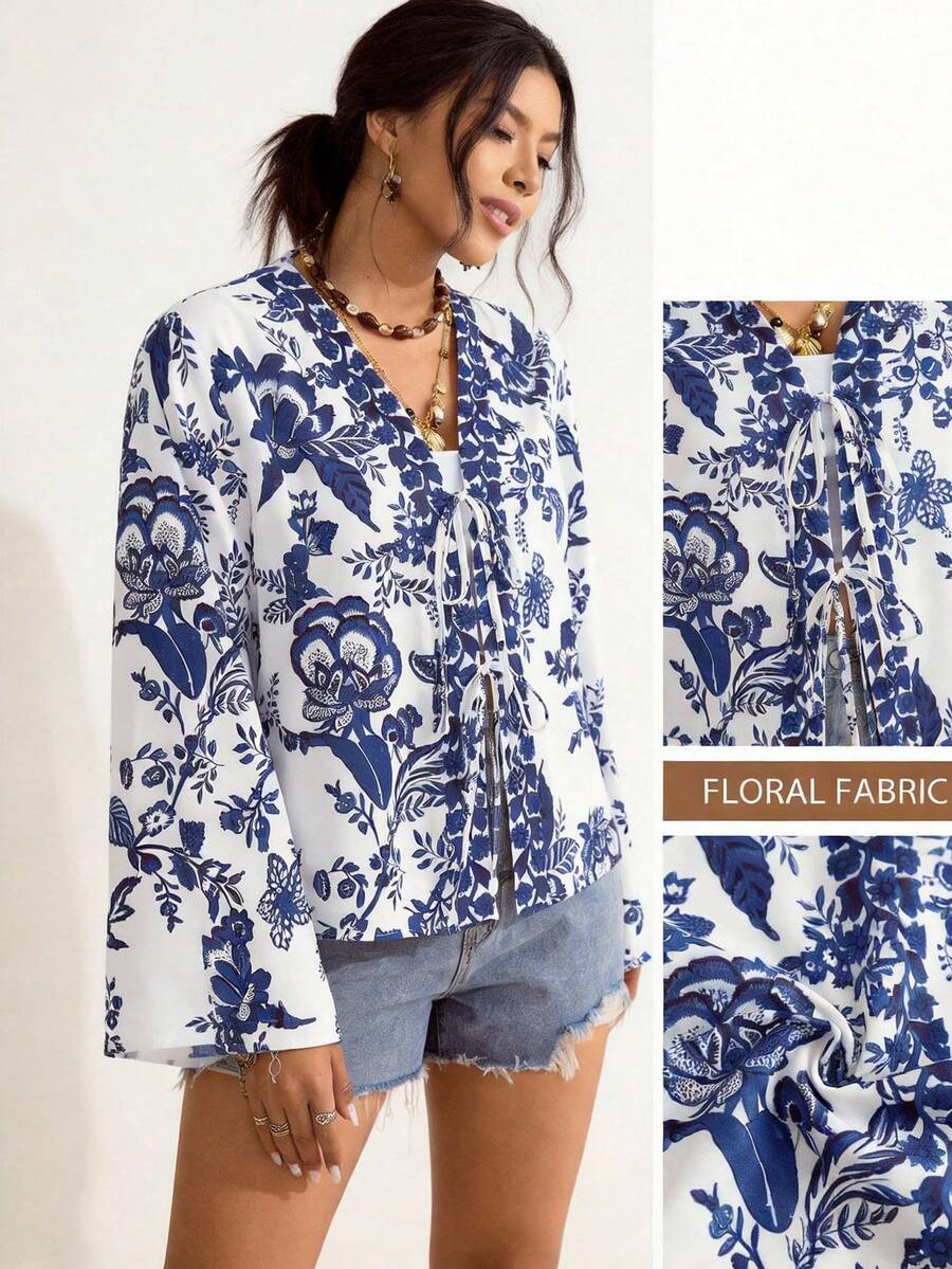 SHEIN LUNE 大码女式春夏蓝白印花长袖衬衫，前系带设计，中系带，波西米亚风度假风，90年代日常穿着衬衫