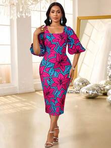 SHEIN Lady 女士撞色印花短袖中长连衣裙 - 彩色 - 查看 6