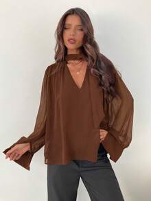 Aloruh 女士优雅通勤雪纺深V领系带长袖衬衫 - 棕色 - 查看 6