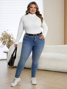 SHEIN CURVE+ Plus Size White Knitted Long Sleeve High Neck Casual T Shirt With Rib-Knit Details - White - View 8