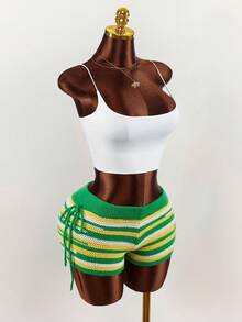 Amplova Y2k Women's Casual Patchwork Knot Design Versatile Daily Wear Knit Shorts Summer Holidays Carnival Costume Spring Women Beach Vacations Women Elegant For Women Vacations Y2k Party Valentine's Day Summer For Women Spring - Army Green - View 6