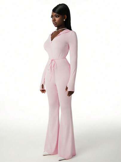 Amplova 女士连体连帽衫，性感褶皱露背长款连体裤，带帽设计，适合早春运动休闲穿着