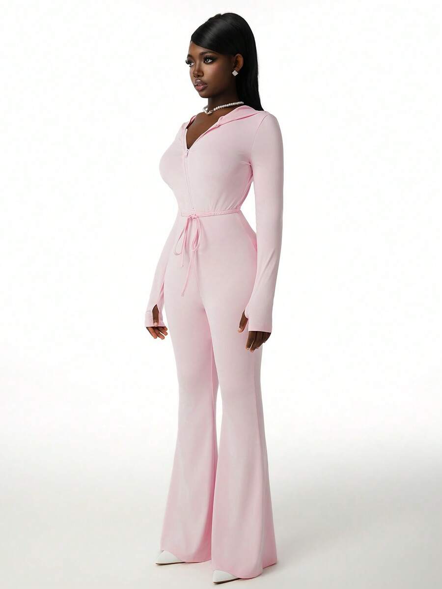 Amplova 女士连体连帽衫，性感褶皱露背长款连体裤，带帽设计，适合早春运动休闲穿着 - 粉色 - 查看 1