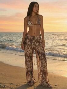 Aloruh 女士新款斑马纹沙滩裤，低腰阔腿裤，长款长裤，女士度假装 - 彩色 - 查看 10