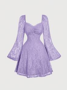 SHEIN MOD Square Neck Ruffle Bust Pleated Flare Sleeve Lace Dress - Mauve Purple - View 2