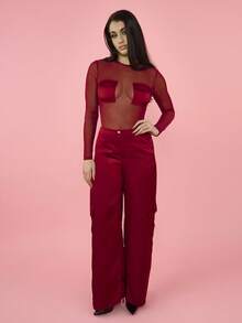 OverBlushhh Women's Sheer Mesh Stretch Bodycon Cargo Style Bodysuit With Satin Pocket Detail, Long Sleeve Round Neck High Cut Snap Button Sexy Top For Valentine's Day, Valentines, Party, Night Out, Weekend Wear - Red - View 4