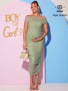 Loomaby Elegant Maternity Dress With Off Shoulder, Mesh Patchwork, Ruffle Detail, Solid Color, Suitable For Vacation, Party, Banquet,Gender Reveal Baby Shower - Green - View 4