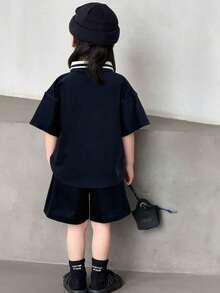 DAZY 小男孩短袖T恤與純色短褲兩件套 - 藏蓝色 - 查看 6
