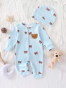 Newborn Beige Bear Pattern Long Sleeve Jumpsuit With Hat Set - Baby Blue - View 3
