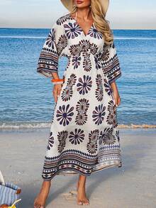 Swim Shayni 女士V领七分袖收腰长款开衩沙滩连衣裙，印花图案，可作罩衫 - 軍綠色 - 查看 4