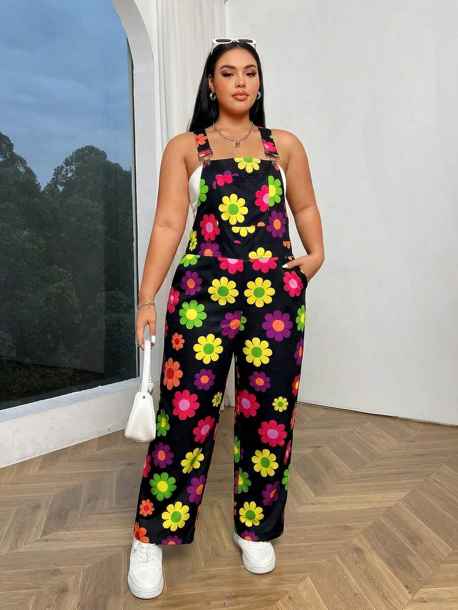 Flirla Plus Size Floral Print Casual Jumpsuit With Slant Pockets - Multicolor - View 1