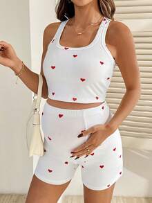 SHEIN 2件套孕妇爱心印花露脐背心和短裤套装，休闲款 - 白色 - 查看 4
