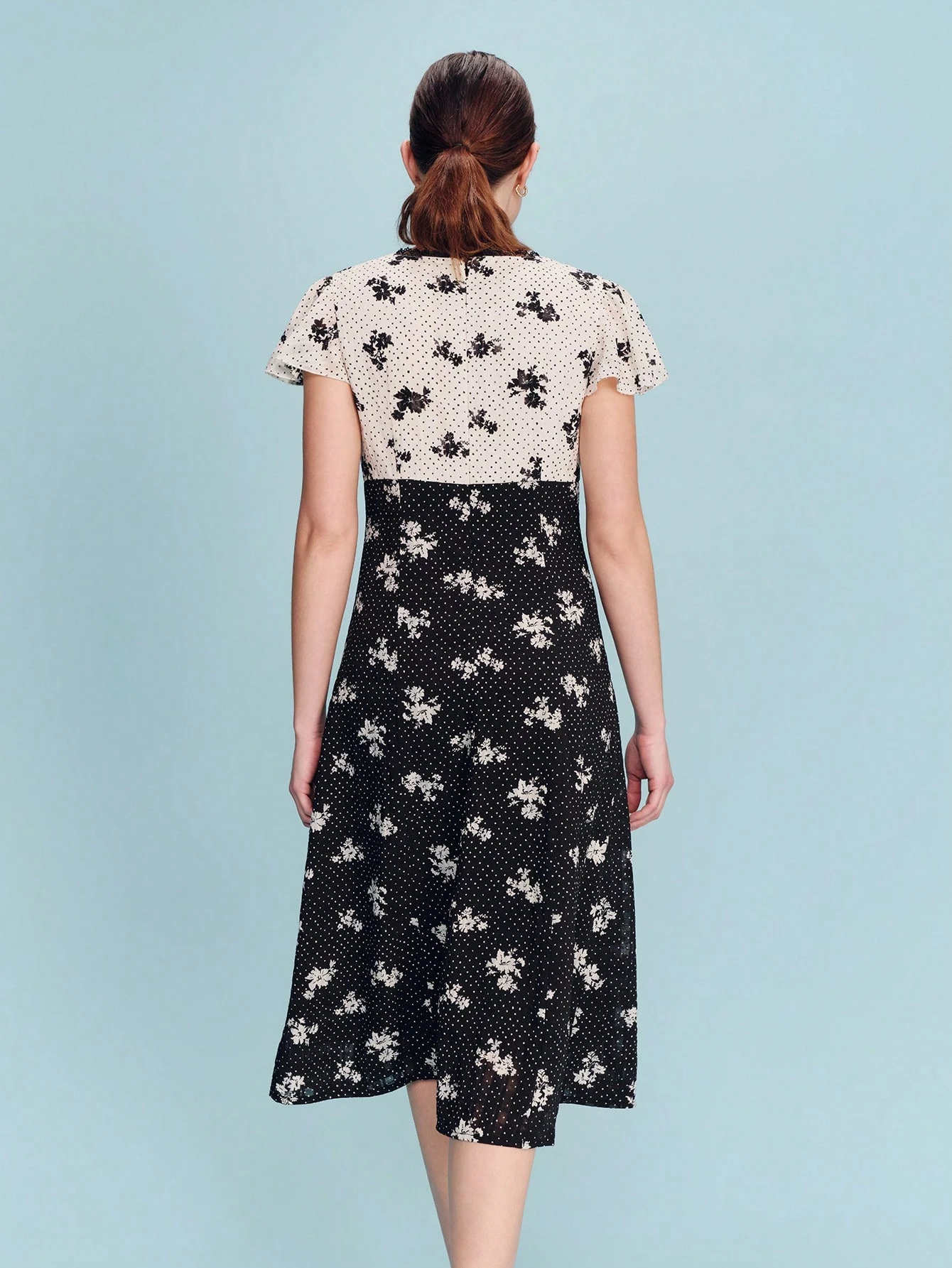 Polka Dot Monochrome Contrast Print Midi Dress With Short Sleeves Vintage Style Chic Spring Summer Vintage Dress Floral Midi Dress Tea Dress French Style Dress Hibiscus Dress Vacation Holiday Dress