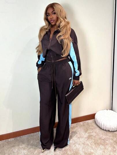 Mariisbox Drawstring Waist Nylon Contrast Panel Wide Leg Tracksuit Bottoms Only Airport, Casual The Book Shop Christmas Fall Autumn Winter Thanksgiving
