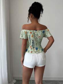 Selianne 夏季休闲露肩印花衬衫 - 綠色 - 查看 2