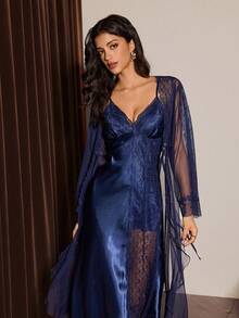 SHEIN Lace Trim Splice Faux Silk & Lace Splice Faux Silk Robe And Camisole Nightgown Set - Navy Blue - View 4