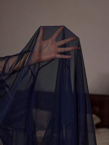 SHEIN Lace Trim Splice Faux Silk & Lace Splice Faux Silk Robe And Camisole Nightgown Set - Navy Blue - View 9