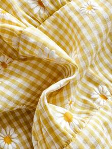 Vintaside Kids 女童夏季休闲格子雏菊印花连衣裙 - 黃色 - 查看 6
