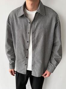 Manfinity Hypemode Men's Striped Long Sleeve Single-Breasted Casual/Business Shirt Drop Shoulder Shirt Men Loose Shirts Men Stripe Shirt Long Sleeved Shirt Men Black And White Shirt Baggy - Black and White - View 4