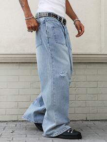 Manfinity EMRG Quần jeans denim mềm mại, dáng rộng, rách rưới, nhiều túi, đã qua xử lý, kiểu cổ điển. - Rửa nhẹ - Xem 4