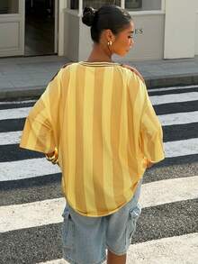 Muchica 女士时尚条纹印花宽松撞色V领上衣，春夏款 - 黃色 - 查看 2