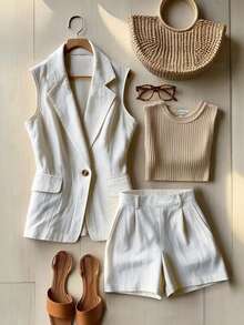 Franclia 时尚简约翻领无袖马甲，配假口袋和纽扣，修身高腰商务通勤职业女装套装 - 杏色 - 查看 3