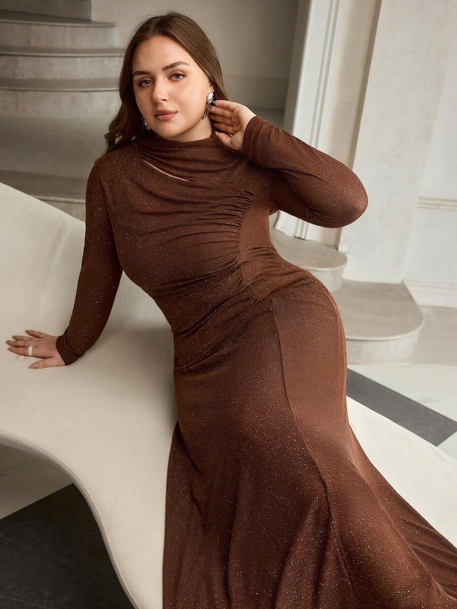 ZEYLAH 优雅褶皱修身长款针织连衣裙 - 棕色 - 查看 1