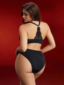 EmpressEnvy Plus Size Women Lace Patchwork Lingerie Set - Black - View 4