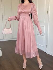 DAZY 女士优雅纯色纹理圆领系腰中长连衣裙，春夏婚礼宾客礼服长款连衣裙 - 粉色 - 查看 7