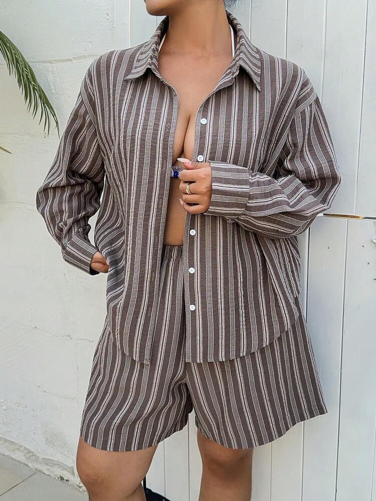 Dazy Plus 2pcs Plus Size Dropped Shoulder Long Sleeve Button Front Casual Striped Shirt Set Summer