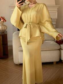 DAZY Women's Elegant Solid Color V-Neck Belted Shirt & Skirt 2-Piece Set, Spring/Summer,Wedding Guest Dress Women - Yellow - View 3