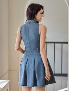 DAZY Women's Casual Washed Denim Dress With Collar, Sleeveless, Belt, Pockets, Short Length, Summer - Blue - View 2