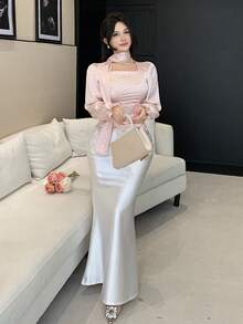 DAZY Spring/Summer Polka Dot Print Chiffon Blouse With Tie Neck, Bow Tie, Pink, Elegant For Casual, Wedding, Commute, Flounce Hem, Long Sleeve, Women - Pink - View 7