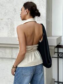 Siren Gaze Women's Sleeveless Halter Backless Blouse, Casual Summer 100% Cotton Shirt, Office Lady Wear, Linen Clothing - Apricot - View 2